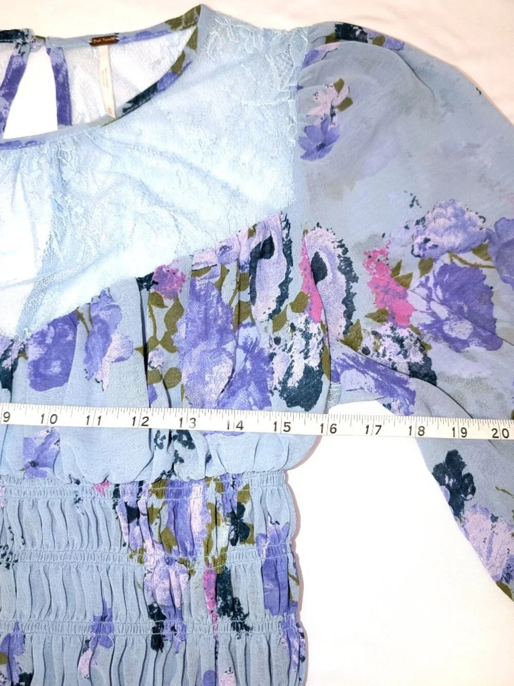 Free People | Daphne Smocked Blouse Blue Floral & Sheer Lace	| Size Medium